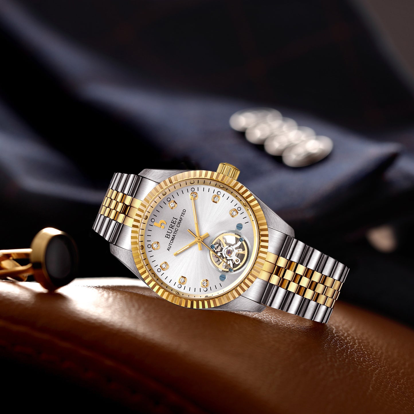 BUREI Men's Watch 41mm, Classic Stainless Steel, Waterproof Machine Watch with Date, Sapphire Crystal, Business Dress Wristwatch