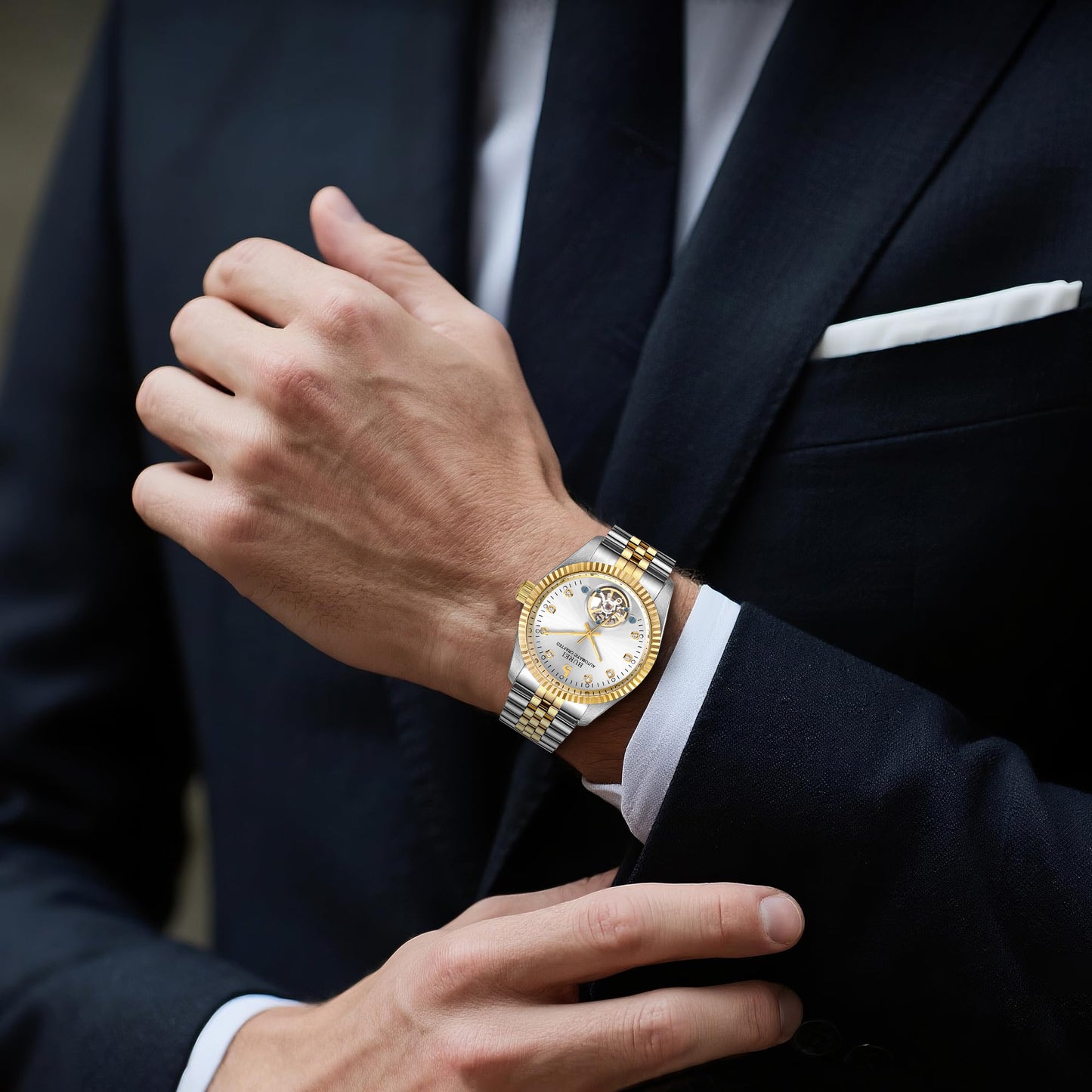 BUREI Men's Watch 41mm, Classic Stainless Steel, Waterproof Machine Watch with Date, Sapphire Crystal, Business Dress Wristwatch