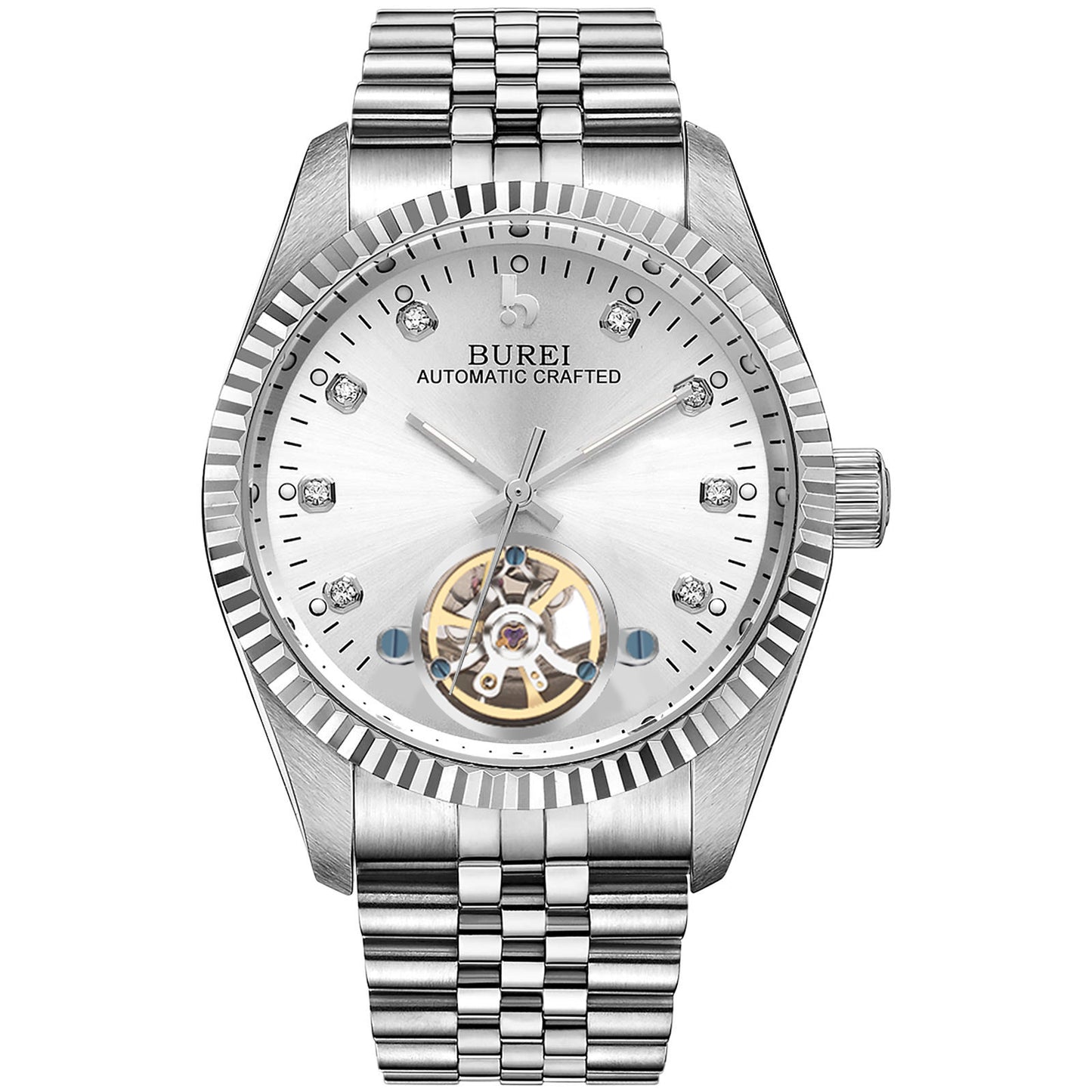BUREI Men's Watch 41mm, Classic Stainless Steel, Waterproof Machine Watch with Date, Sapphire Crystal, Business Dress Wristwatch
