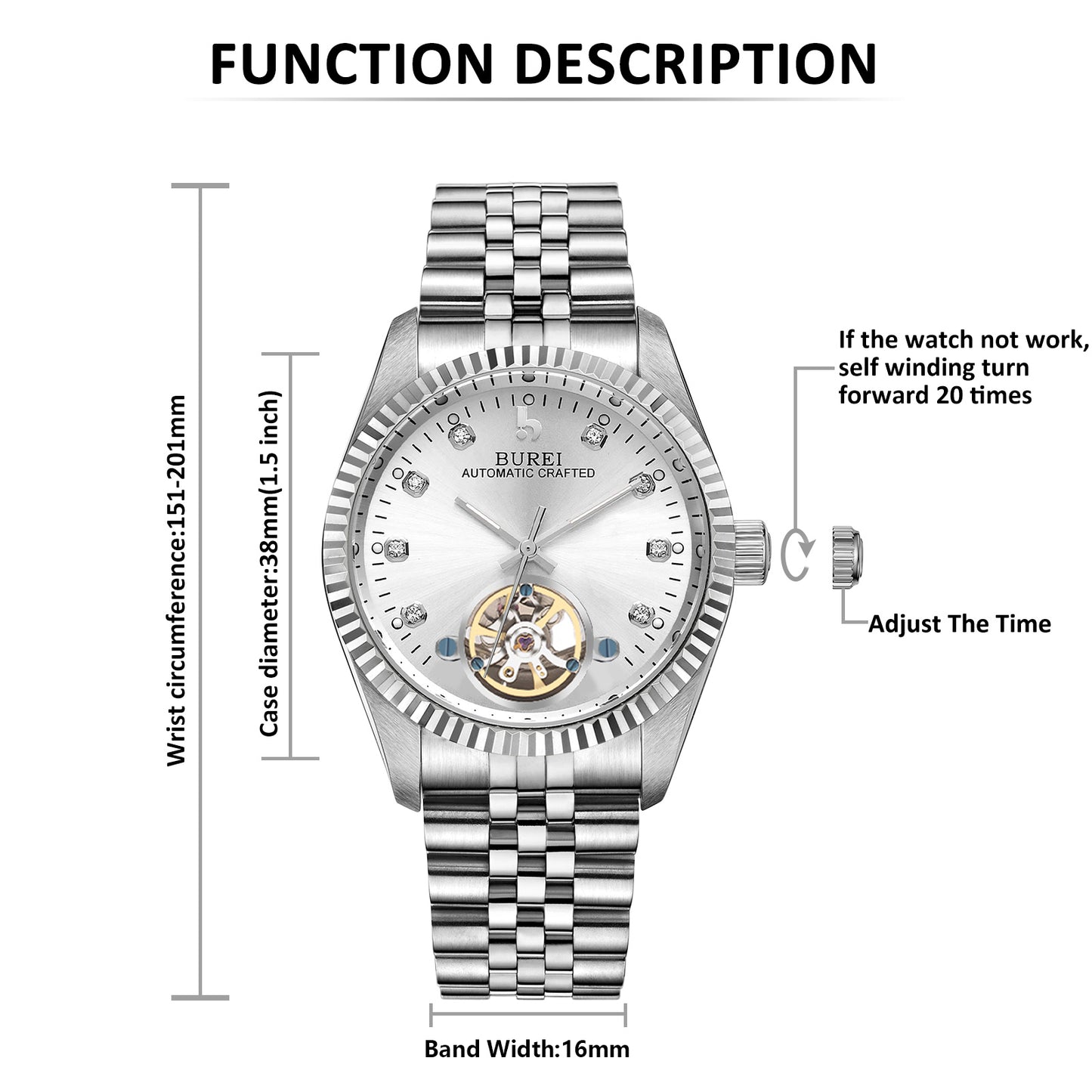 BUREI Men's Watch 41mm, Classic Stainless Steel, Waterproof Machine Watch with Date, Sapphire Crystal, Business Dress Wristwatch