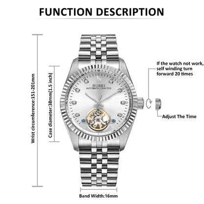 BUREI Men's Watch 41mm, Classic Stainless Steel, Waterproof Machine Watch with Date, Sapphire Crystal, Business Dress Wristwatch