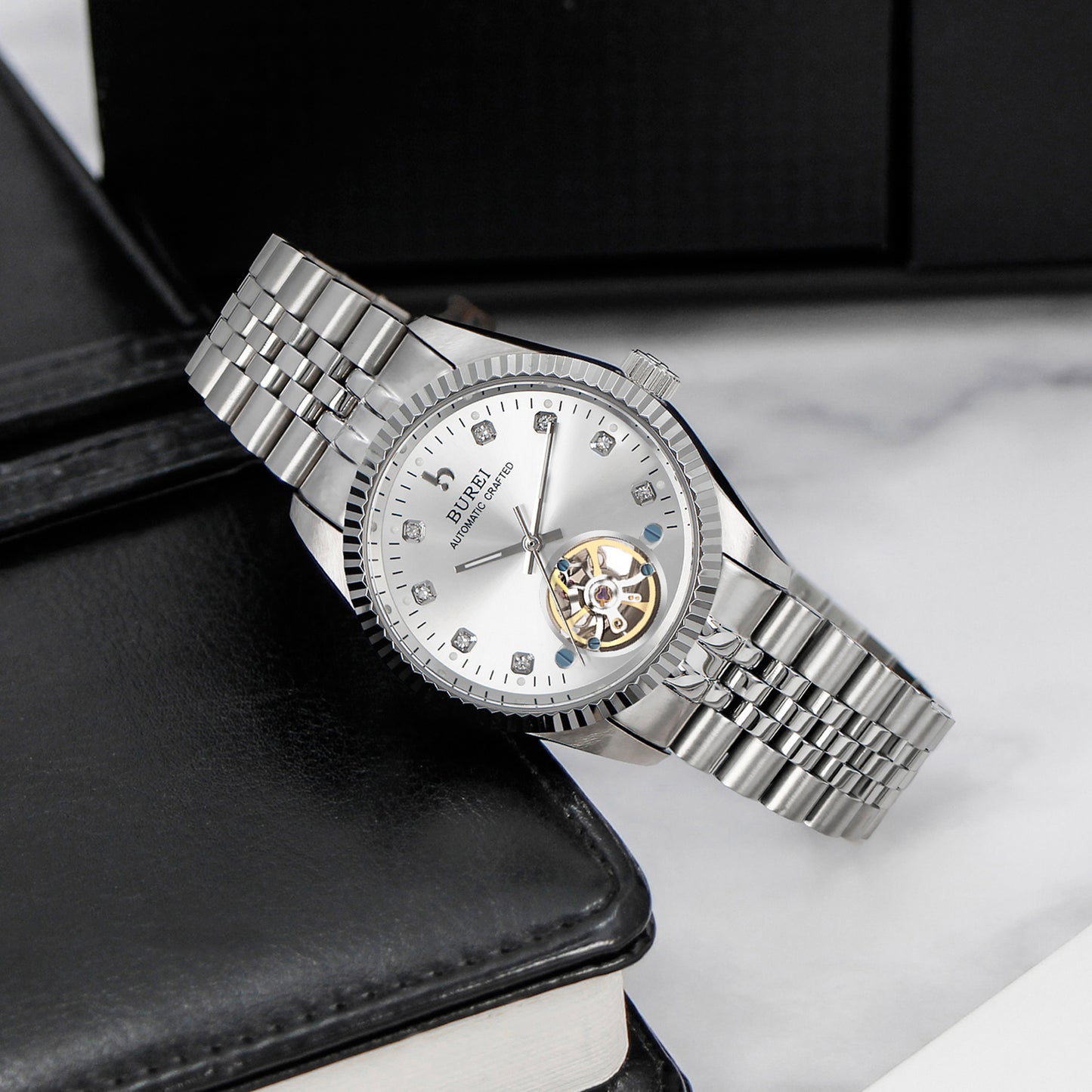 BUREI Men's Watch 41mm, Classic Stainless Steel, Waterproof Machine Watch with Date, Sapphire Crystal, Business Dress Wristwatch
