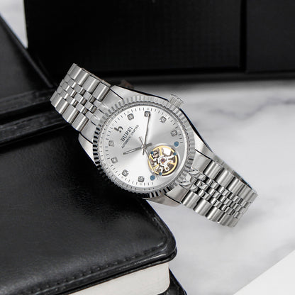 BUREI Men's Watch 41mm, Classic Stainless Steel, Waterproof Machine Watch with Date, Sapphire Crystal, Business Dress Wristwatch