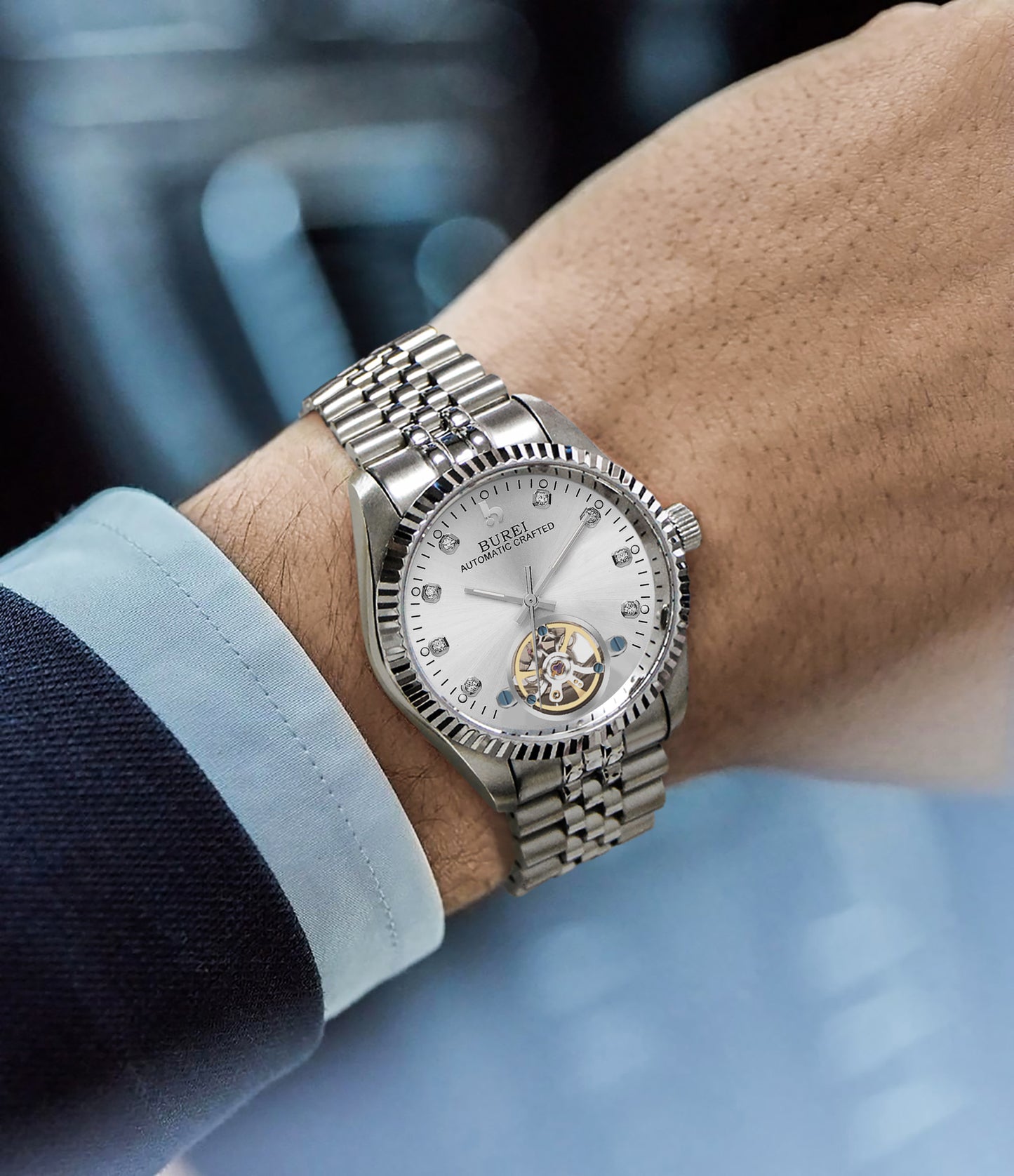 BUREI Men's Watch 41mm, Classic Stainless Steel, Waterproof Machine Watch with Date, Sapphire Crystal, Business Dress Wristwatch