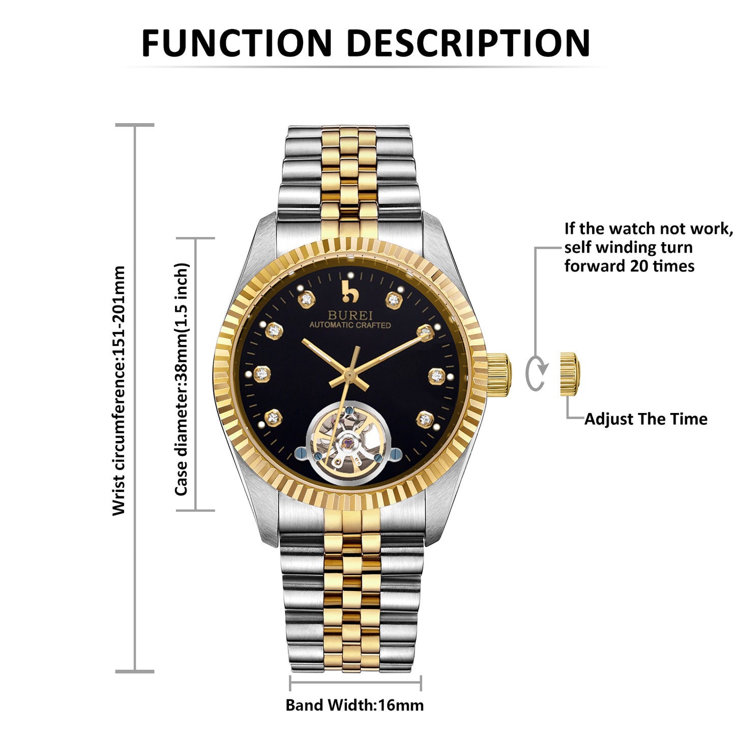 BUREI Men's Watch 41mm, Classic Stainless Steel, Waterproof Machine Watch with Date, Sapphire Crystal, Business Dress Wristwatch