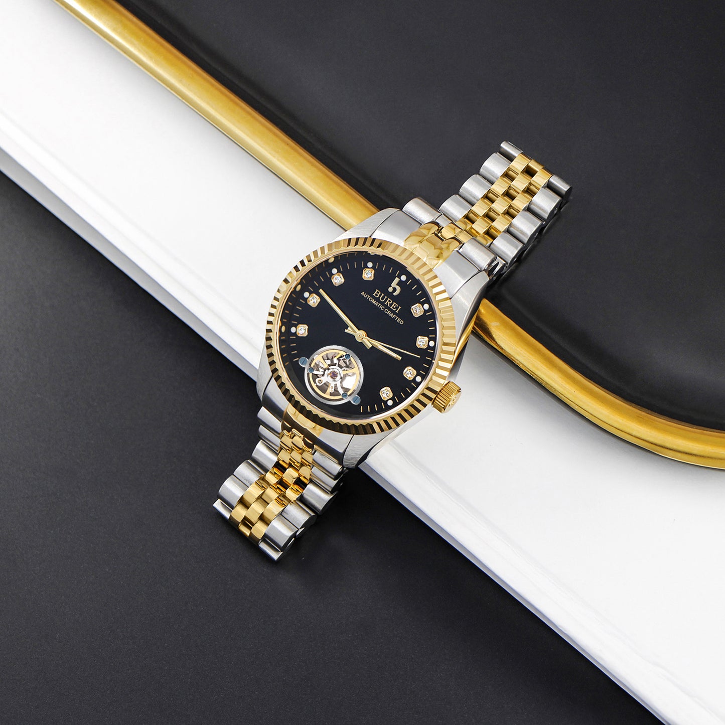 BUREI Men's Watch 41mm, Classic Stainless Steel, Waterproof Machine Watch with Date, Sapphire Crystal, Business Dress Wristwatch