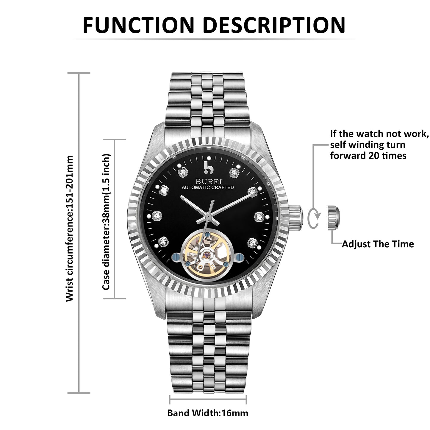 BUREI Men's Watch 41mm, Classic Stainless Steel, Waterproof Machine Watch with Date, Sapphire Crystal, Business Dress Wristwatch