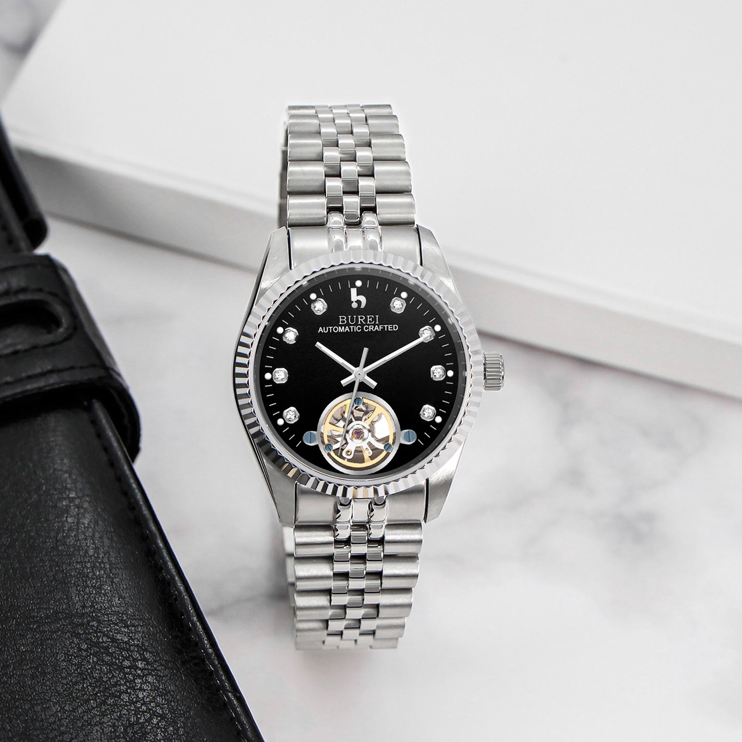 BUREI Men's Watch 41mm, Classic Stainless Steel, Waterproof Machine Watch with Date, Sapphire Crystal, Business Dress Wristwatch