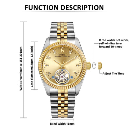 BUREI Men's Watch 41mm, Classic Stainless Steel, Waterproof Machine Watch with Date, Sapphire Crystal, Business Dress Wristwatch