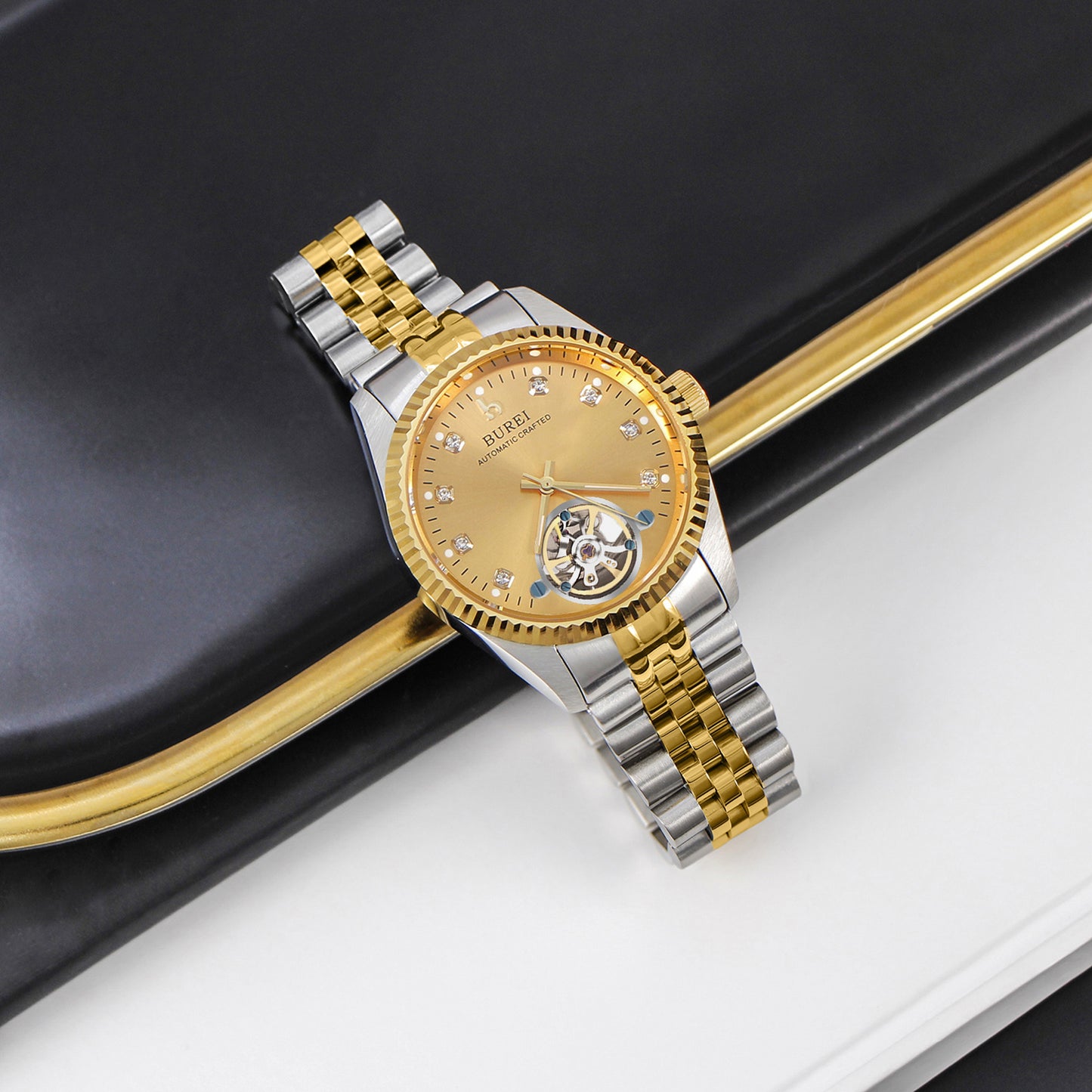BUREI Men's Watch 41mm, Classic Stainless Steel, Waterproof Machine Watch with Date, Sapphire Crystal, Business Dress Wristwatch