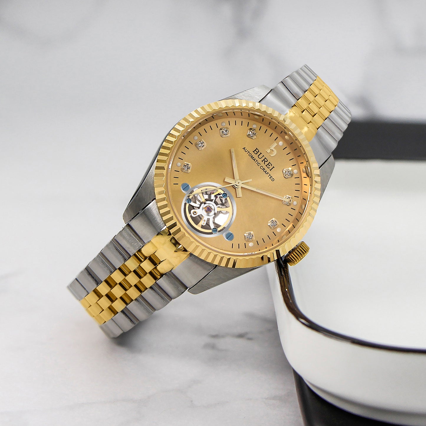 BUREI Men's Watch 41mm, Classic Stainless Steel, Waterproof Machine Watch with Date, Sapphire Crystal, Business Dress Wristwatch