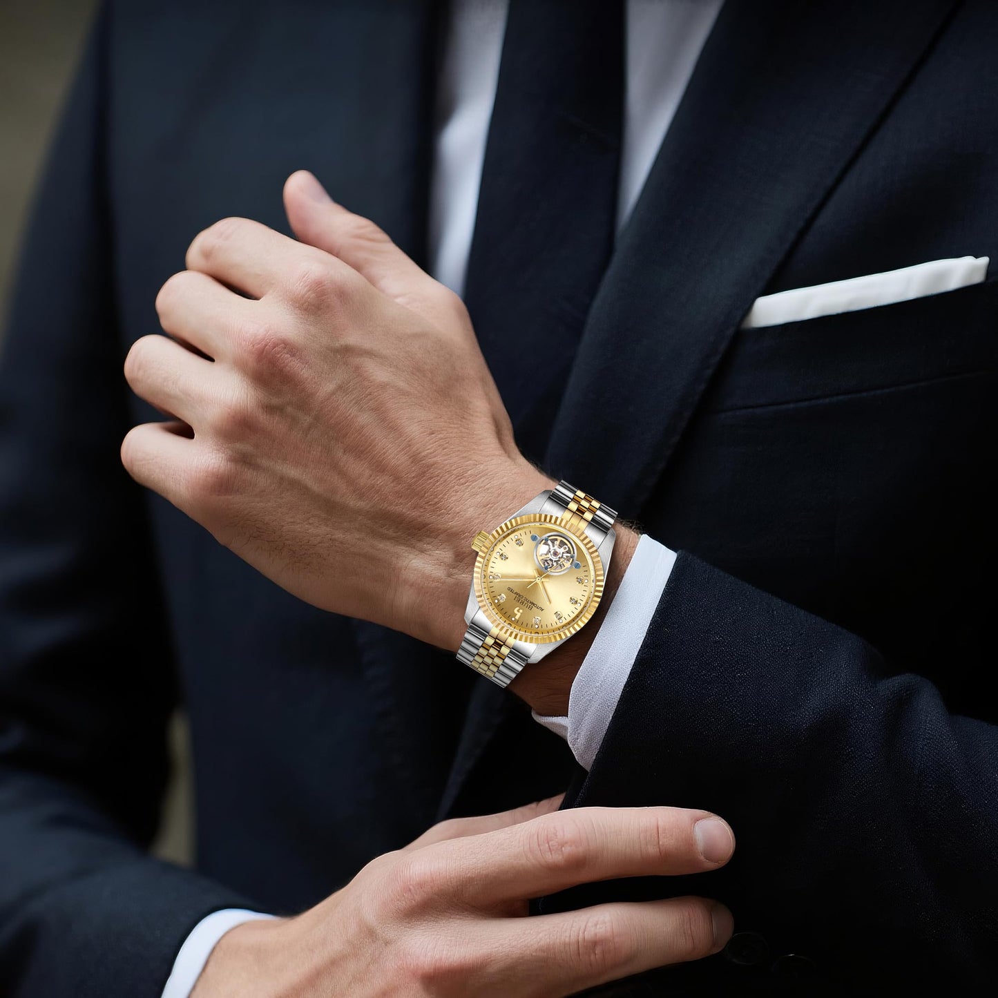BUREI Men's Watch 41mm, Classic Stainless Steel, Waterproof Machine Watch with Date, Sapphire Crystal, Business Dress Wristwatch