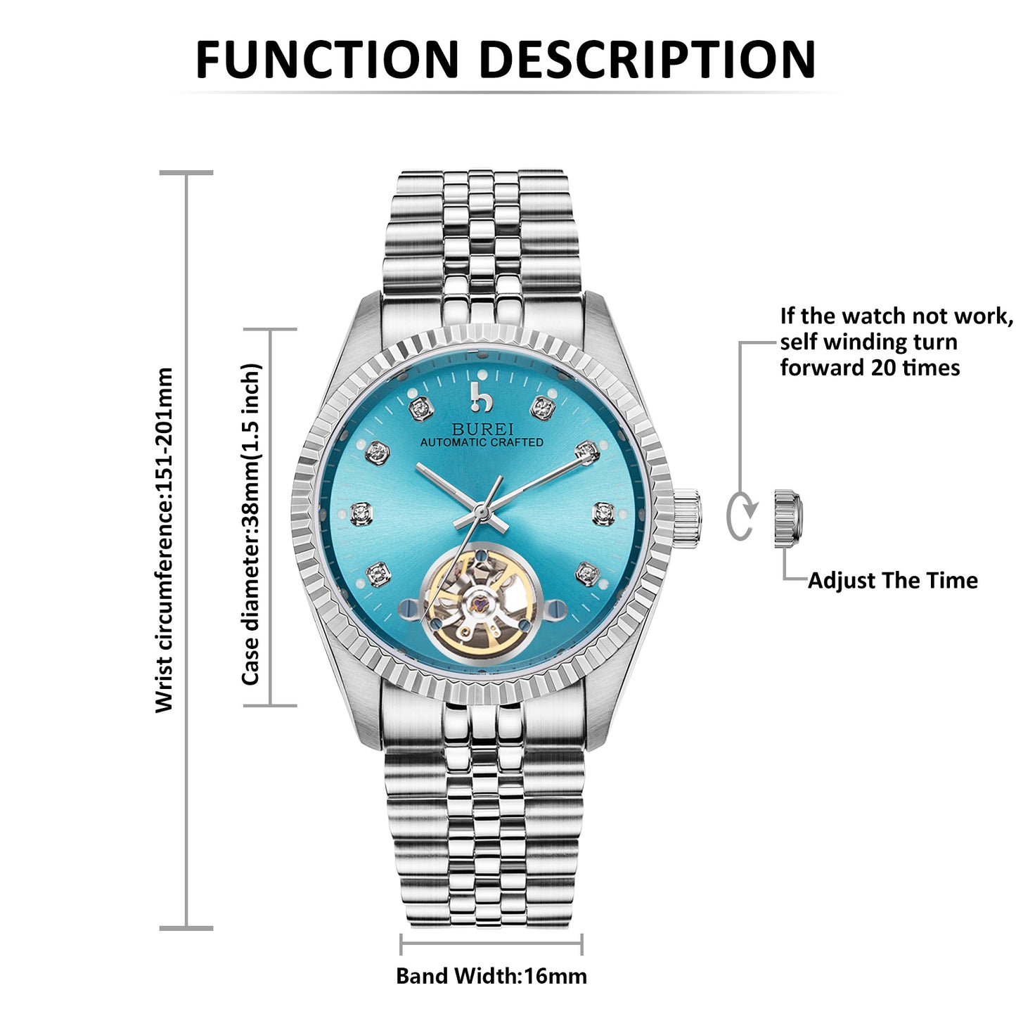 BUREI Men's Watch 41mm, Classic Stainless Steel, Waterproof Machine Watch with Date, Sapphire Crystal, Business Dress Wristwatch