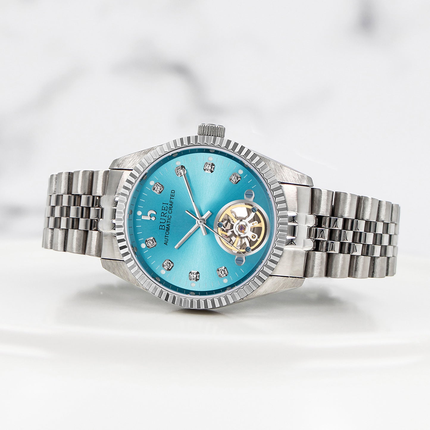 BUREI Men's Watch 41mm, Classic Stainless Steel, Waterproof Machine Watch with Date, Sapphire Crystal, Business Dress Wristwatch