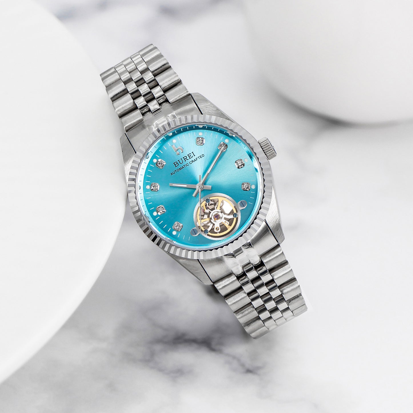 BUREI Men's Watch 41mm, Classic Stainless Steel, Waterproof Machine Watch with Date, Sapphire Crystal, Business Dress Wristwatch