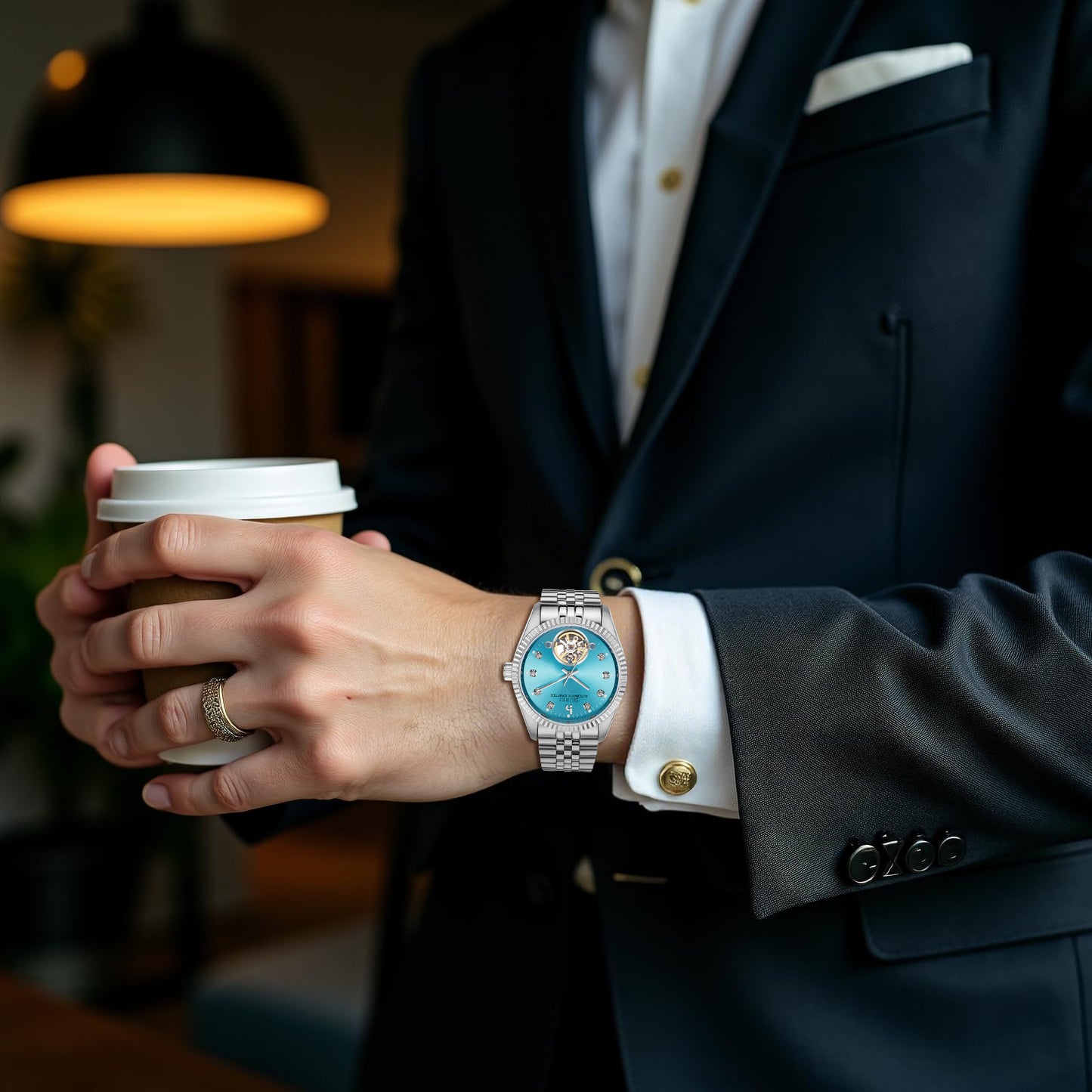 BUREI Men's Watch 41mm, Classic Stainless Steel, Waterproof Machine Watch with Date, Sapphire Crystal, Business Dress Wristwatch