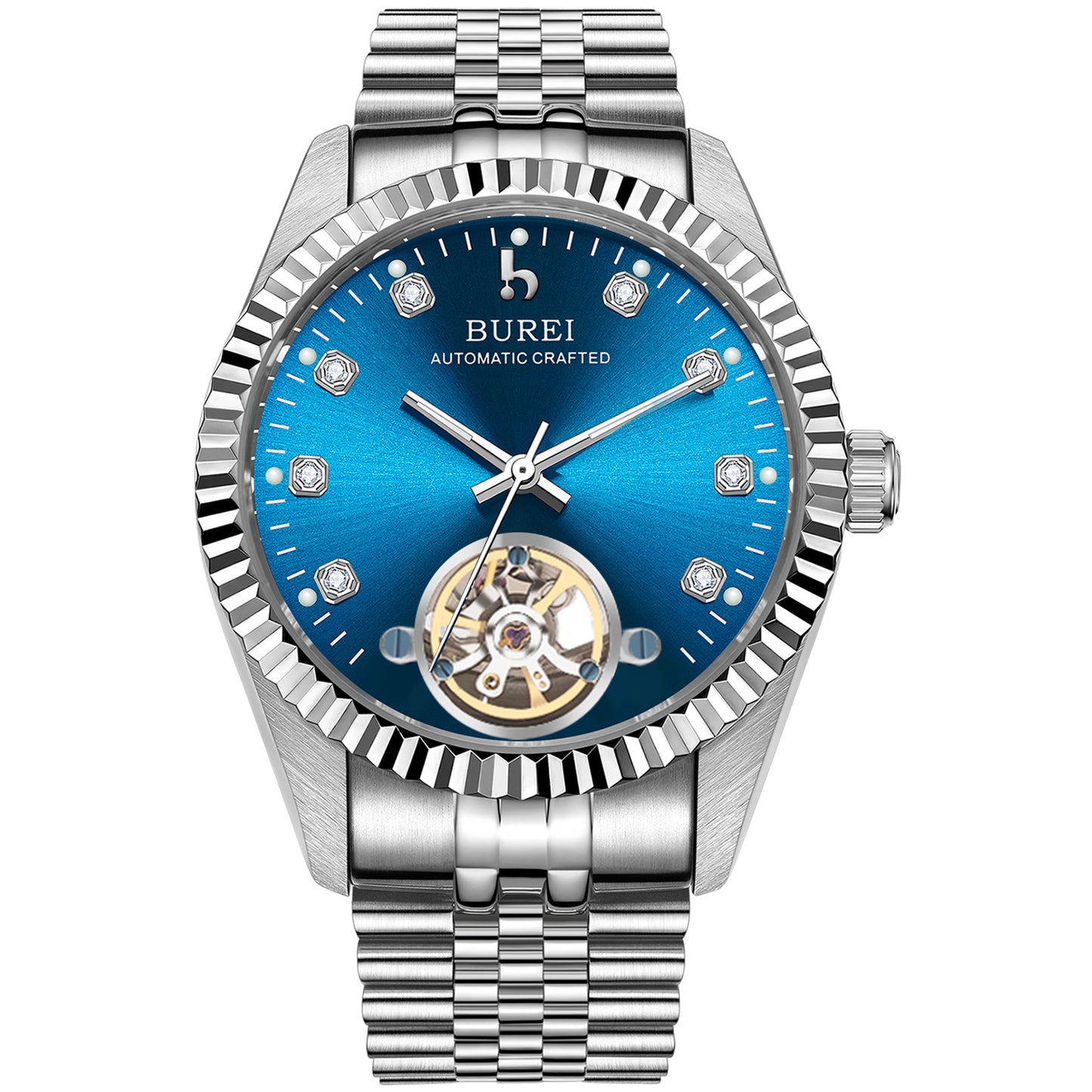 BUREI Men's Watch 41mm, Classic Stainless Steel, Waterproof Machine Watch with Date, Sapphire Crystal, Business Dress Wristwatch