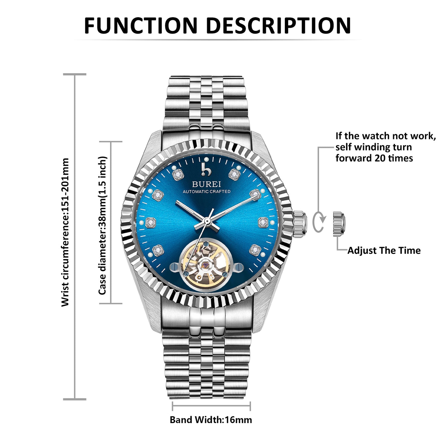BUREI Men's Watch 41mm, Classic Stainless Steel, Waterproof Machine Watch with Date, Sapphire Crystal, Business Dress Wristwatch