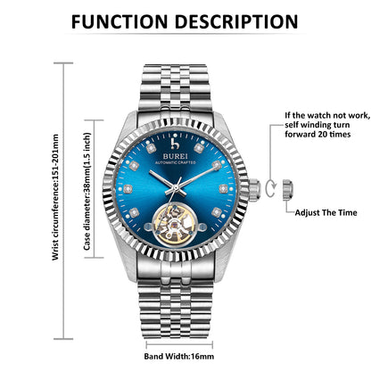 BUREI Men's Watch 41mm, Classic Stainless Steel, Waterproof Machine Watch with Date, Sapphire Crystal, Business Dress Wristwatch