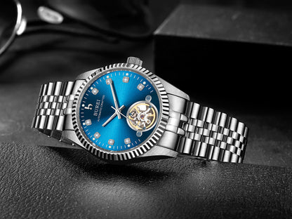 BUREI Men's Watch 41mm, Classic Stainless Steel, Waterproof Machine Watch with Date, Sapphire Crystal, Business Dress Wristwatch