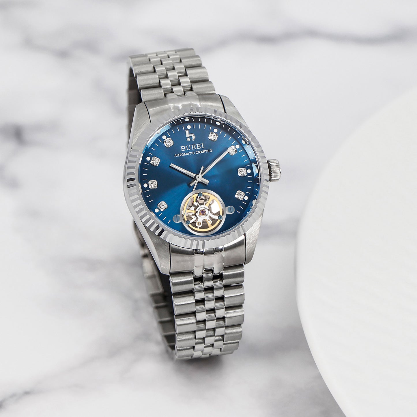 BUREI Men's Watch 41mm, Classic Stainless Steel, Waterproof Machine Watch with Date, Sapphire Crystal, Business Dress Wristwatch