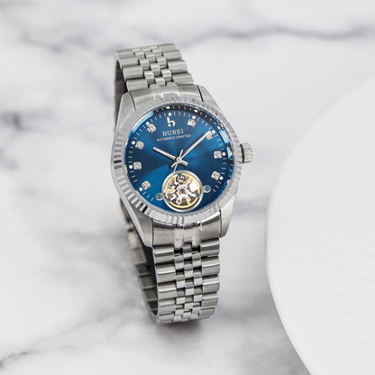 BUREI Men's Watch 41mm, Classic Stainless Steel, Waterproof Machine Watch with Date, Sapphire Crystal, Business Dress Wristwatch