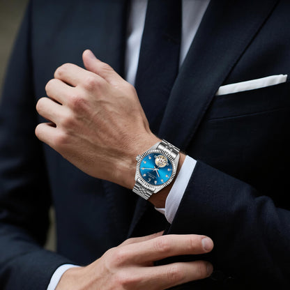 BUREI Men's Watch 41mm, Classic Stainless Steel, Waterproof Machine Watch with Date, Sapphire Crystal, Business Dress Wristwatch