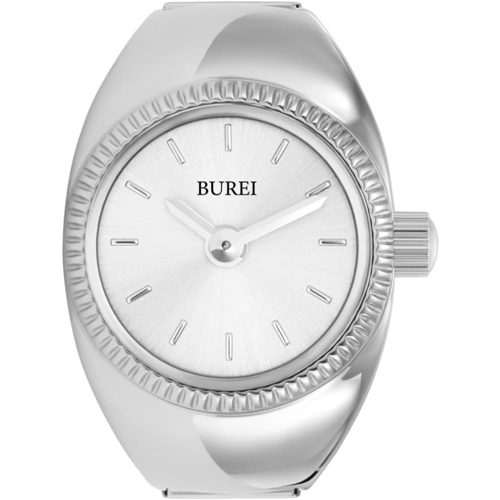 BUREI Women's Quartz Stainless Steel Two-Hand Ring Watch, Men Women Finger Watch with Elastic Strap