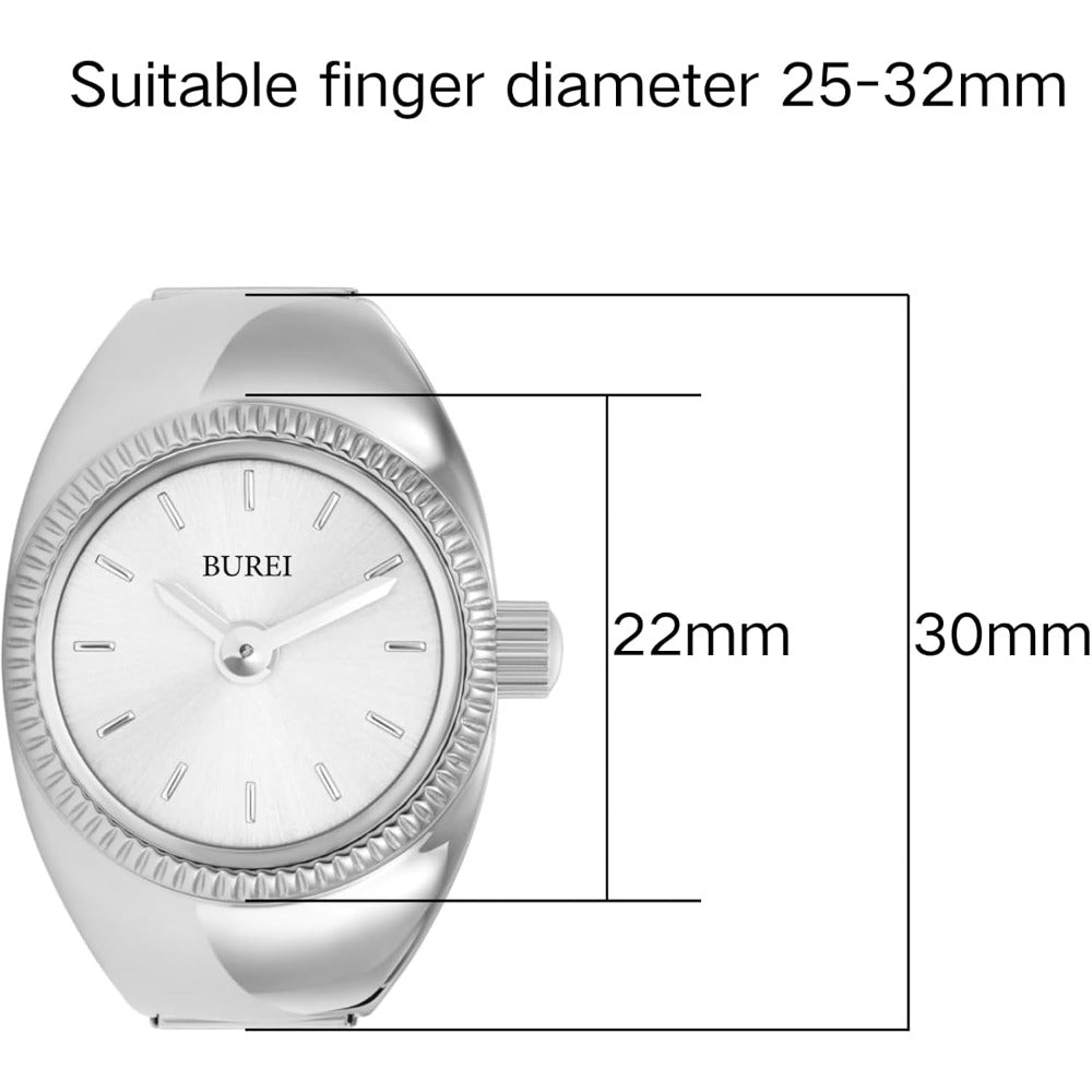 BUREI Women's Quartz Stainless Steel Two-Hand Ring Watch, Men Women Finger Watch with Elastic Strap
