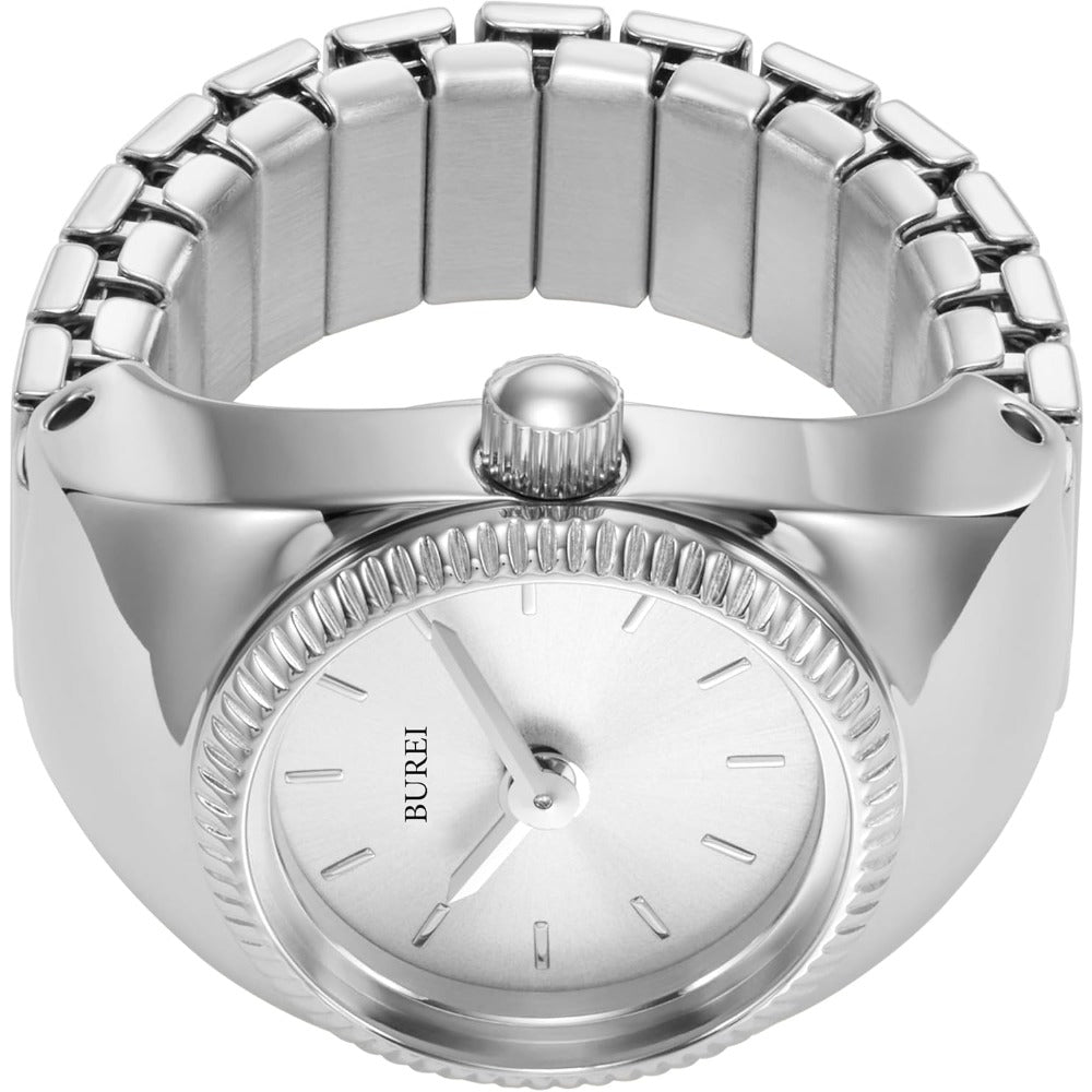 BUREI Women's Quartz Stainless Steel Two-Hand Ring Watch, Men Women Finger Watch with Elastic Strap