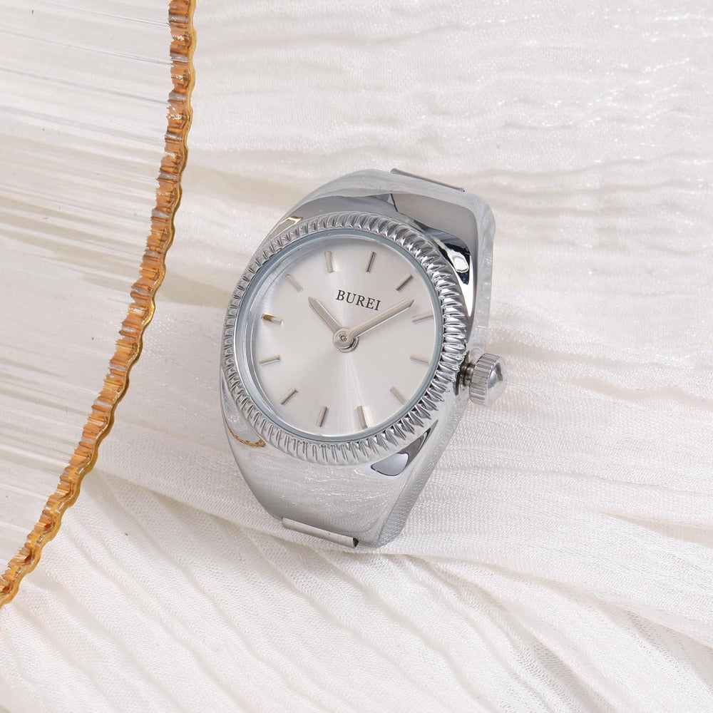 BUREI Women's Quartz Stainless Steel Two-Hand Ring Watch, Men Women Finger Watch with Elastic Strap
