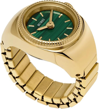 BUREI Women's Quartz Stainless Steel Two-Hand Ring Watch, Men Women Finger Watch with Elastic Strap