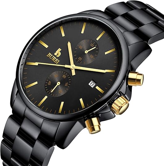 BUREI Men Watch,Waterproof Analog Quartz Stainless Steel Chronograph Fashion Minimalistic Classic Sport Watch for Men Gifts for Men