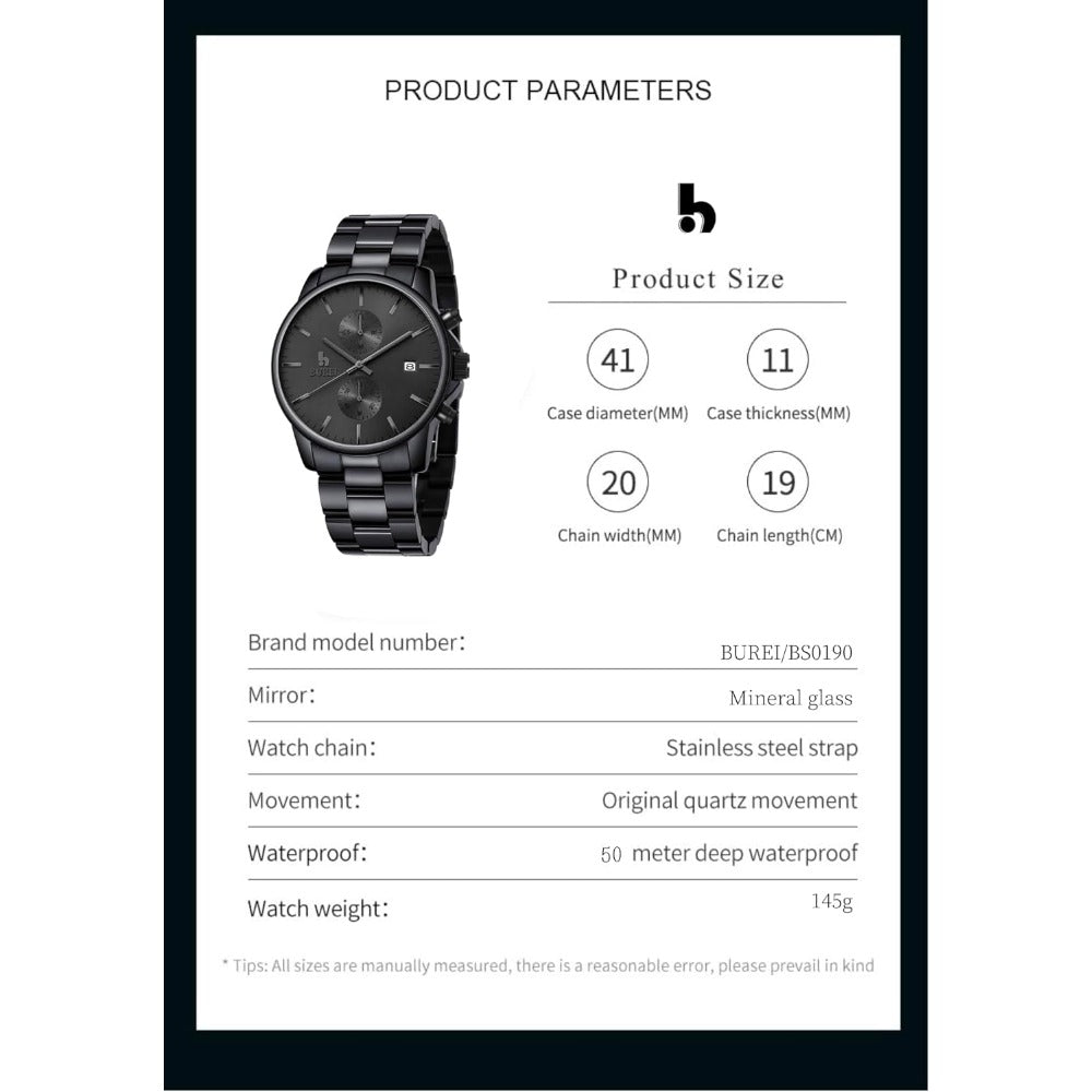 BUREI Men Watch,Waterproof Analog Quartz Stainless Steel Chronograph Fashion Minimalistic Classic Sport Watch for Men Gifts for Men