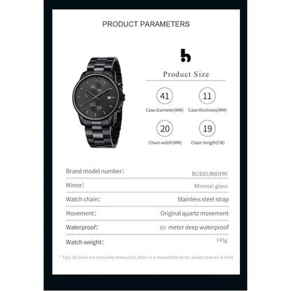BUREI Men Watch,Waterproof Analog Quartz Stainless Steel Chronograph Fashion Minimalistic Classic Sport Watch for Men Gifts for Men