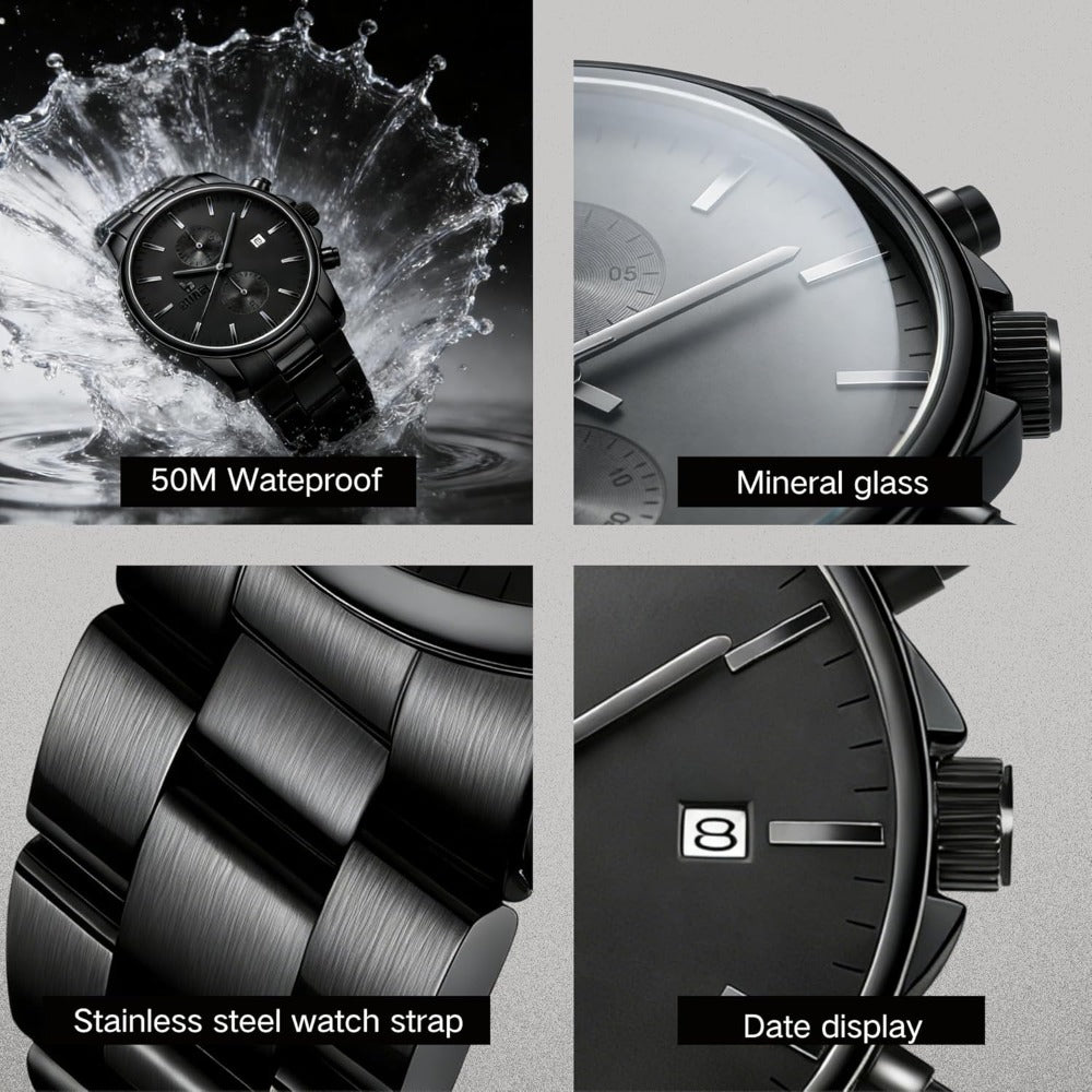 BUREI Men Watch,Waterproof Analog Quartz Stainless Steel Chronograph Fashion Minimalistic Classic Sport Watch for Men Gifts for Men