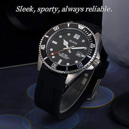 BUREI Men's Dive Watch, 200M Waterproof Analog Quartz Stainless Steel Fashion Classic Work Business Dress Wrist Watch for Men with Auto Date