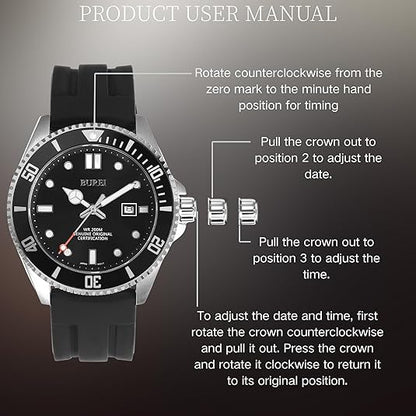 BUREI Men's Dive Watch, 200M Waterproof Analog Quartz Stainless Steel Fashion Classic Work Business Dress Wrist Watch for Men with Auto Date
