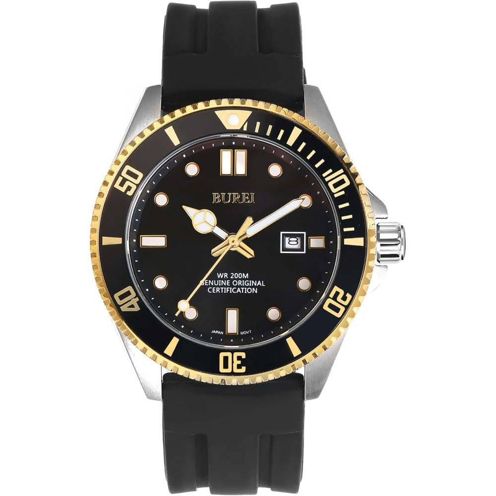 BUREI Men's Dive Watch, 200M Waterproof Analog Quartz Stainless Steel Fashion Classic Work Business Dress Wrist Watch for Men with Auto Date