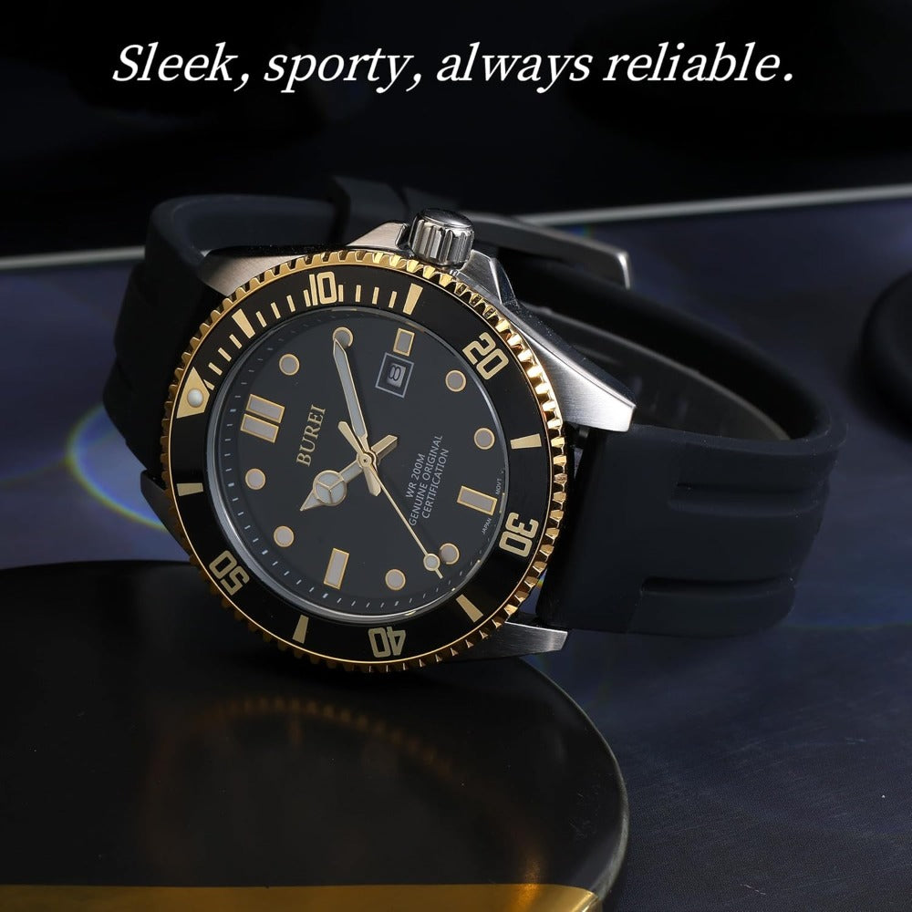 BUREI Men's Dive Watch, 200M Waterproof Analog Quartz Stainless Steel Fashion Classic Work Business Dress Wrist Watch for Men with Auto Date