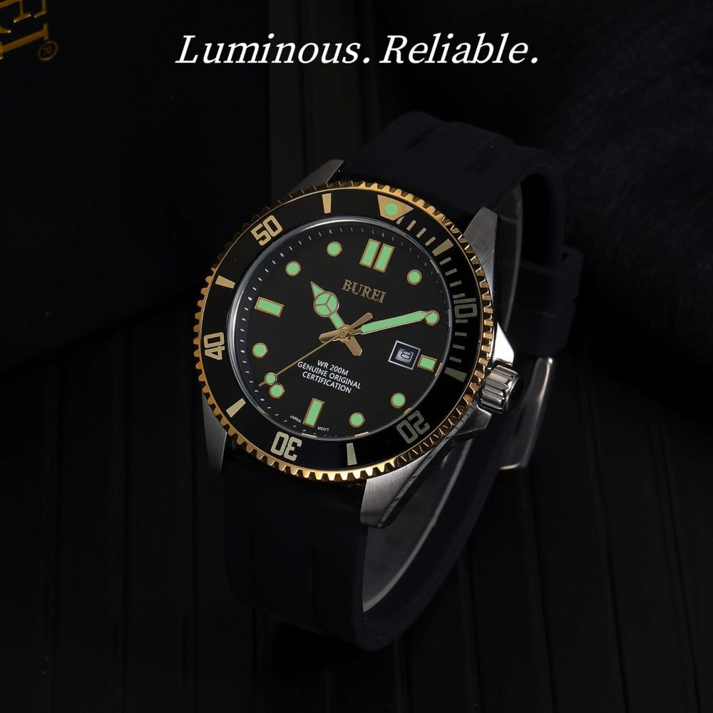 BUREI Men's Dive Watch, 200M Waterproof Analog Quartz Stainless Steel Fashion Classic Work Business Dress Wrist Watch for Men with Auto Date