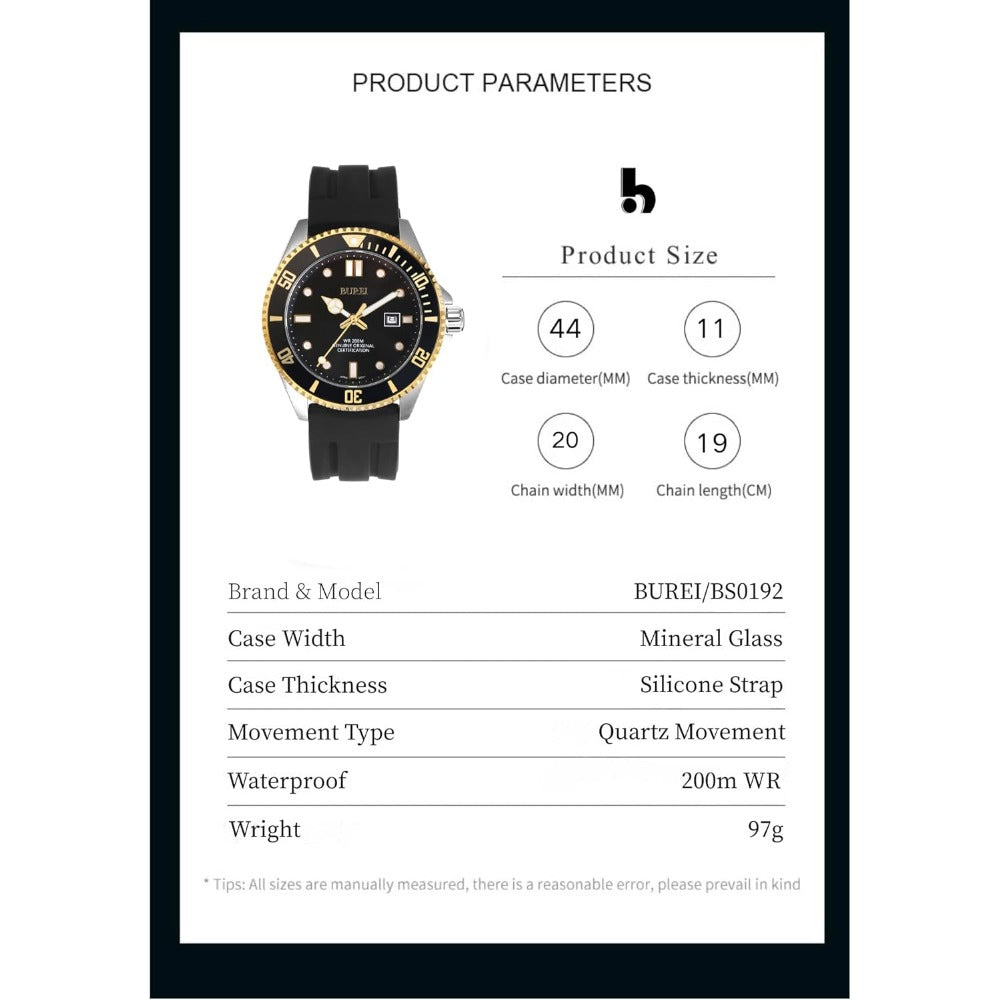 BUREI Men's Dive Watch, 200M Waterproof Analog Quartz Stainless Steel Fashion Classic Work Business Dress Wrist Watch for Men with Auto Date