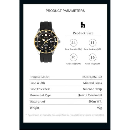 BUREI Men's Dive Watch, 200M Waterproof Analog Quartz Stainless Steel Fashion Classic Work Business Dress Wrist Watch for Men with Auto Date