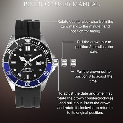 BUREI Men's Dive Watch, 200M Waterproof Analog Quartz Stainless Steel Fashion Classic Work Business Dress Wrist Watch for Men with Auto Date