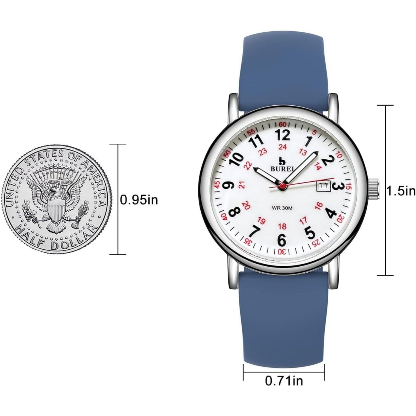 BUREI Nurse Wrist Watch for Nurse Medical Professionals Students Women Men, Waterproof 12/24 Hour Military Time Luminouse Easy Read Dial,Colorful Silicone Band