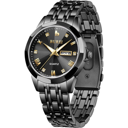 BUREI Men Watches Fashion Business Analog Quartz Stainless Steel Waterproof Watches for Men Diamond Luminous Date Dress Wrist Watch Luxury Casual Wrist Watch with Weeks,Gifts for Men（Silver Blue）