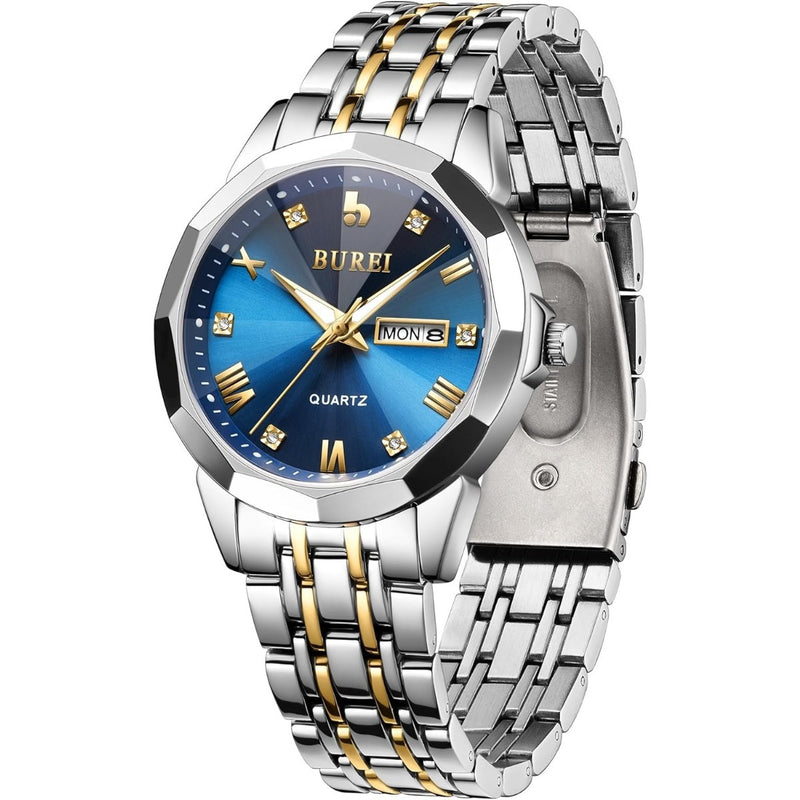 BUREI Men Watches Fashion Business Analog Quartz Stainless Steel Waterproof Watches for Men Diamond Luminous Date Dress Wrist Watch Luxury Casual Wrist Watch with Weeks,Gifts for Men（Silver Blue）