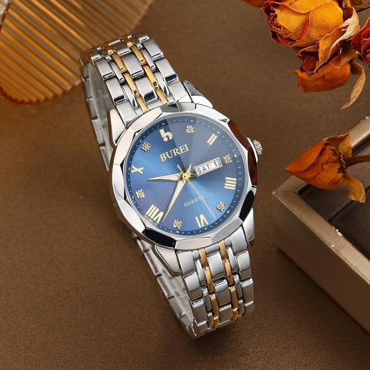 BUREI Men Watches Fashion Business Analog Quartz Stainless Steel Waterproof Watches for Men Diamond Luminous Date Dress Wrist Watch Luxury Casual Wrist Watch with Weeks,Gifts for Men（Silver Blue）