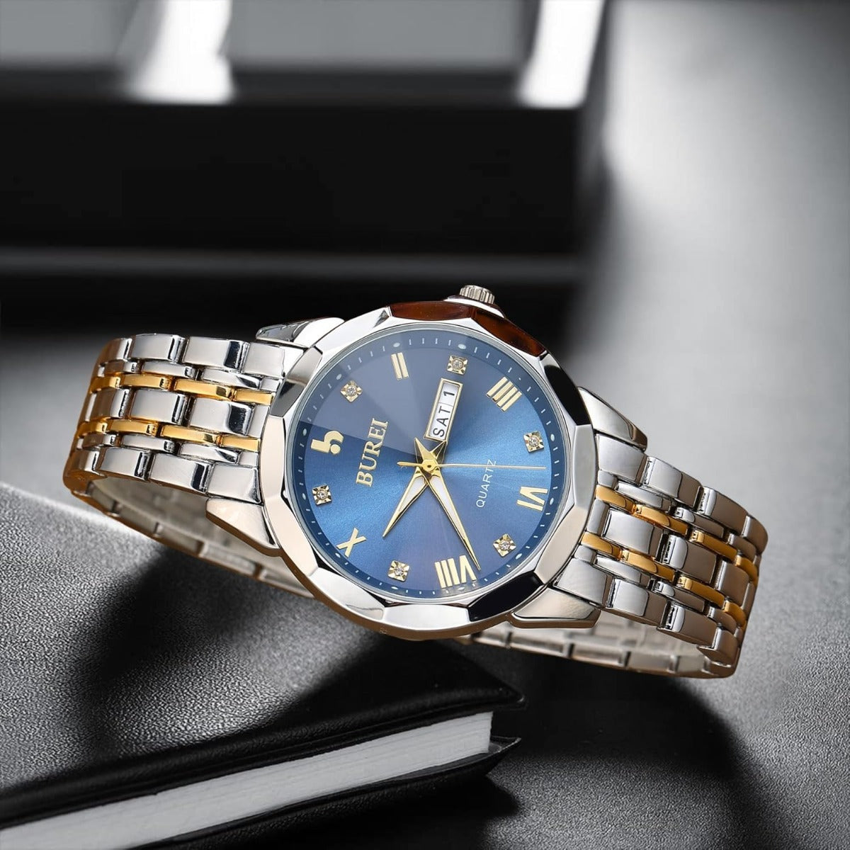 BUREI Men Watches Fashion Business Analog Quartz Stainless Steel Waterproof Watches for Men Diamond Luminous Date Dress Wrist Watch Luxury Casual Wrist Watch with Weeks,Gifts for Men（Silver Blue）
