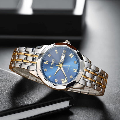 BUREI Men Watches Fashion Business Analog Quartz Stainless Steel Waterproof Watches for Men Diamond Luminous Date Dress Wrist Watch Luxury Casual Wrist Watch with Weeks,Gifts for Men（Silver Blue）